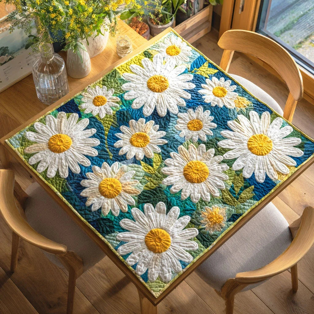 White Daisy Charm Quilted Table Topper