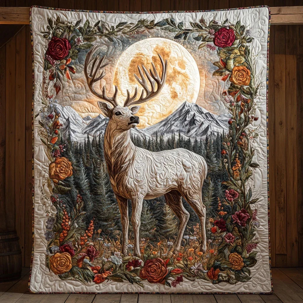 White Deer Under Moonlit Quilt Blanket