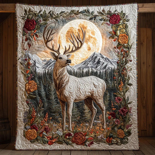 White Deer Under Moonlit Quilt Blanket