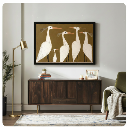 Folk Art White Egrets Canvas Wall Art