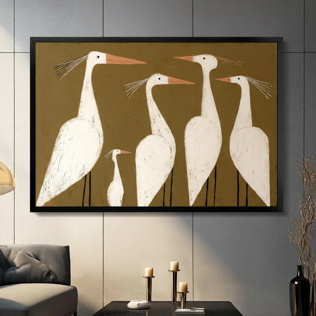 Folk Art White Egrets Canvas Wall Art