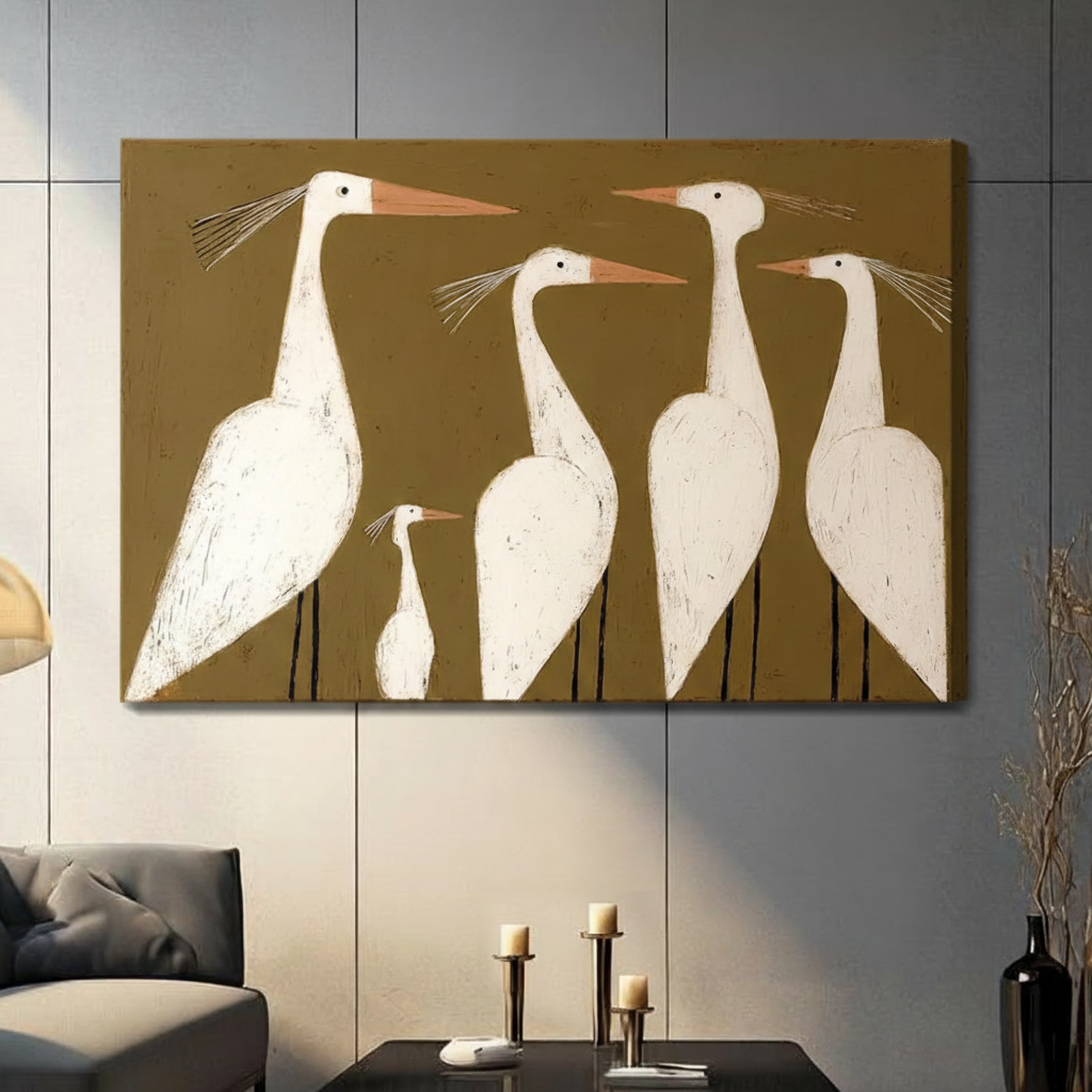 Folk Art White Egrets Canvas Wall Art