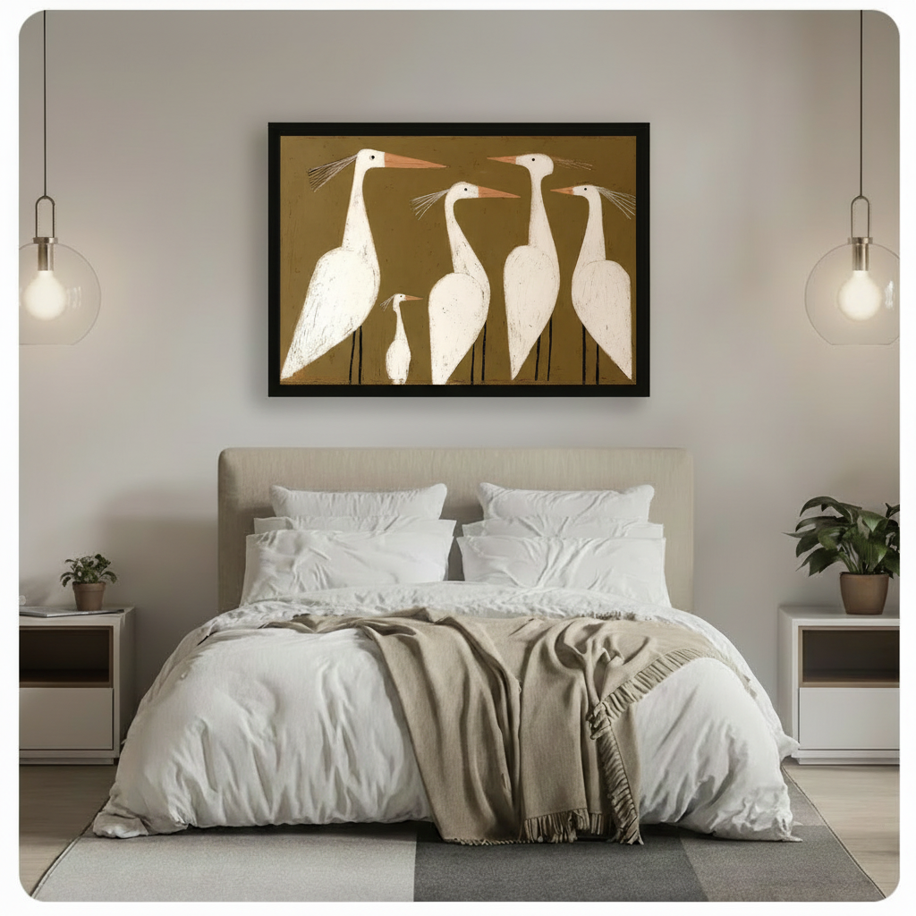 Folk Art White Egrets Canvas Wall Art