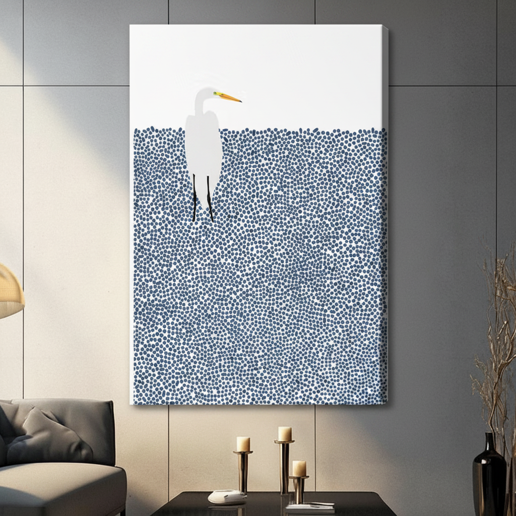 Minimalist White Egret Blue Dots Canvas Wall Art
