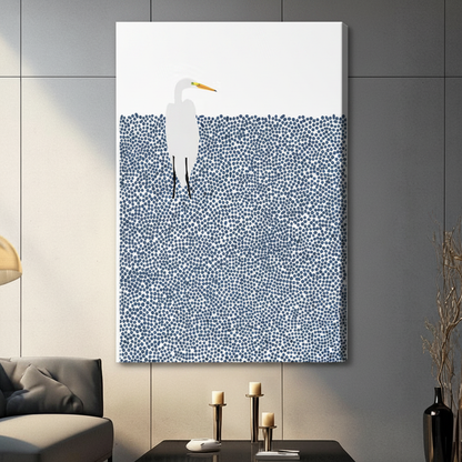 Minimalist White Egret Blue Dots Canvas Wall Art