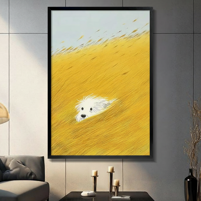 White Fluffy Dog Golden Grass Field Canvas Wall Art