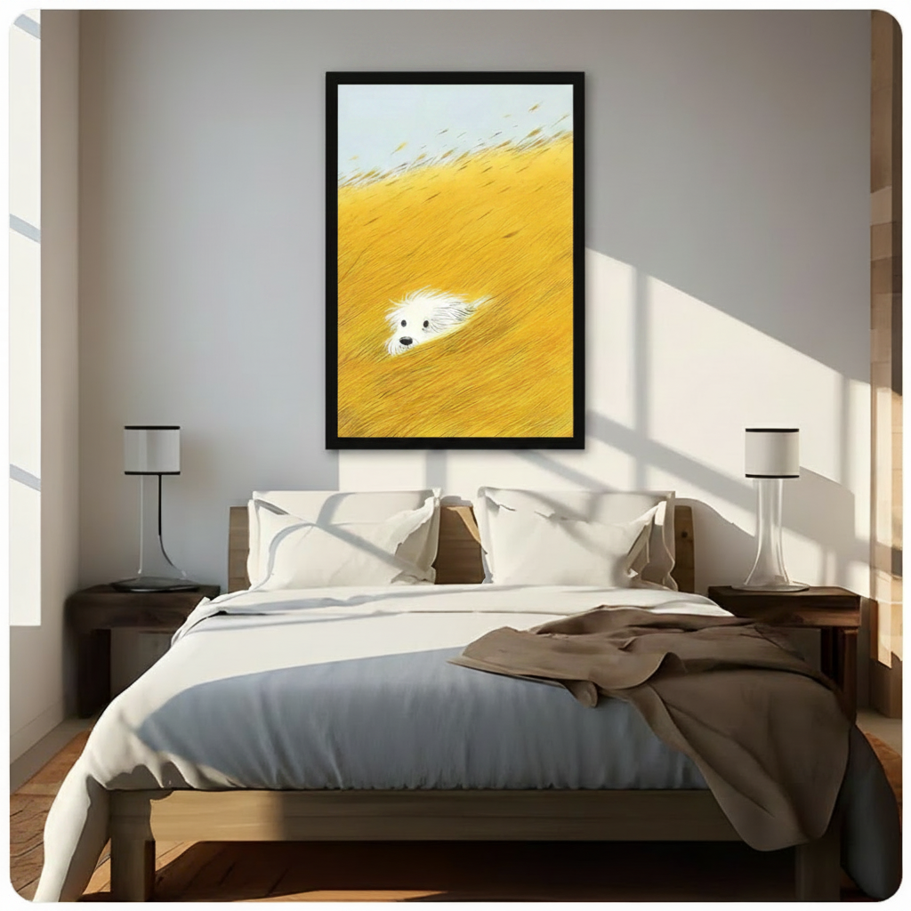 White Fluffy Dog Golden Grass Field Canvas Wall Art
