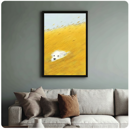 White Fluffy Dog Golden Grass Field Canvas Wall Art