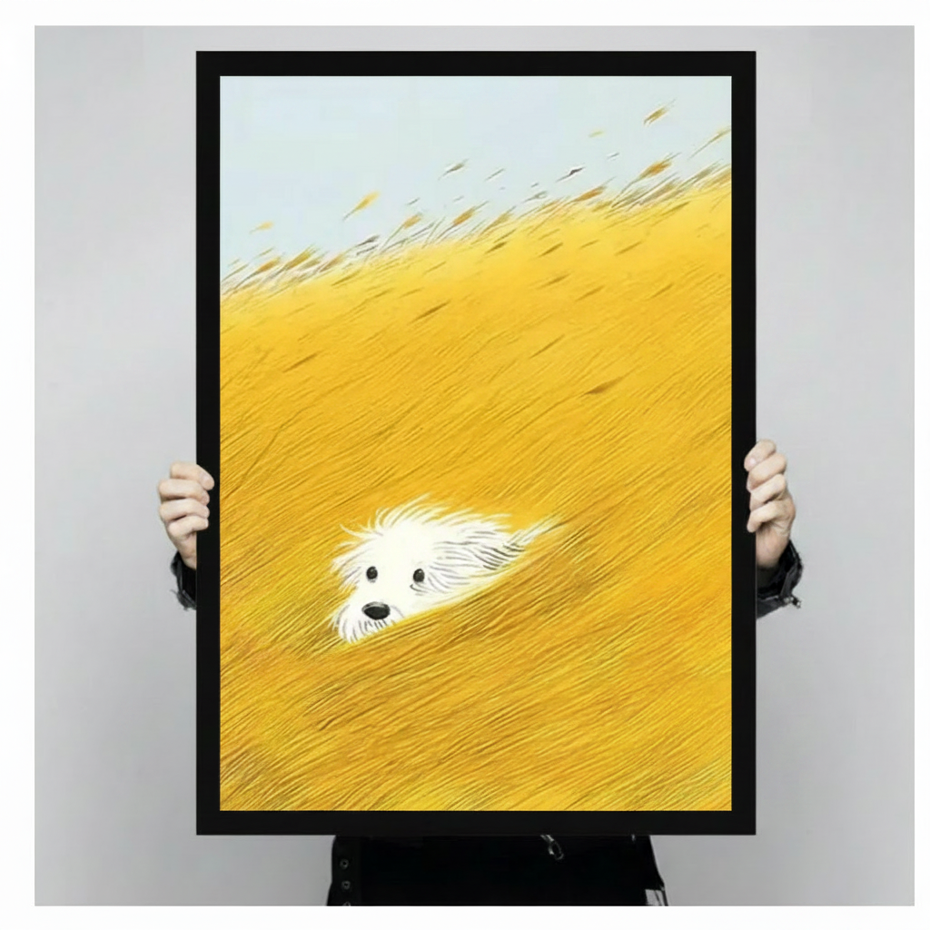 White Fluffy Dog Golden Grass Field Canvas Wall Art