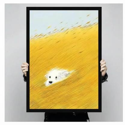 White Fluffy Dog Golden Grass Field Canvas Wall Art