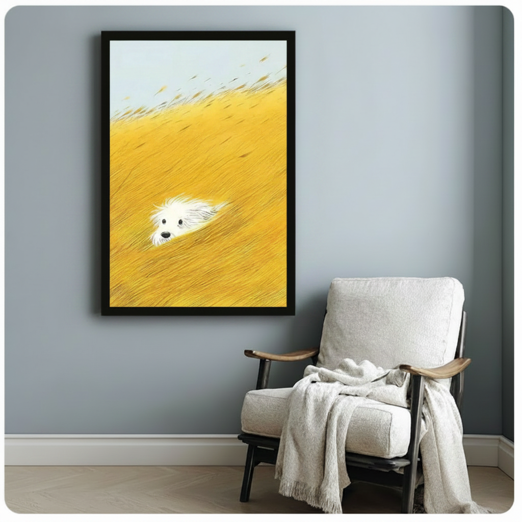 White Fluffy Dog Golden Grass Field Canvas Wall Art