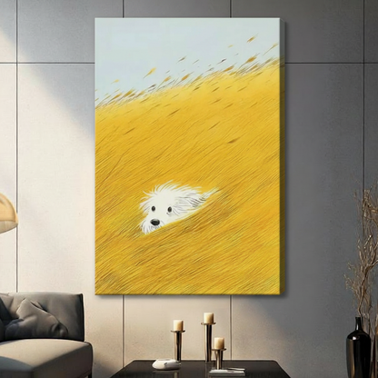 White Fluffy Dog Golden Grass Field Canvas Wall Art