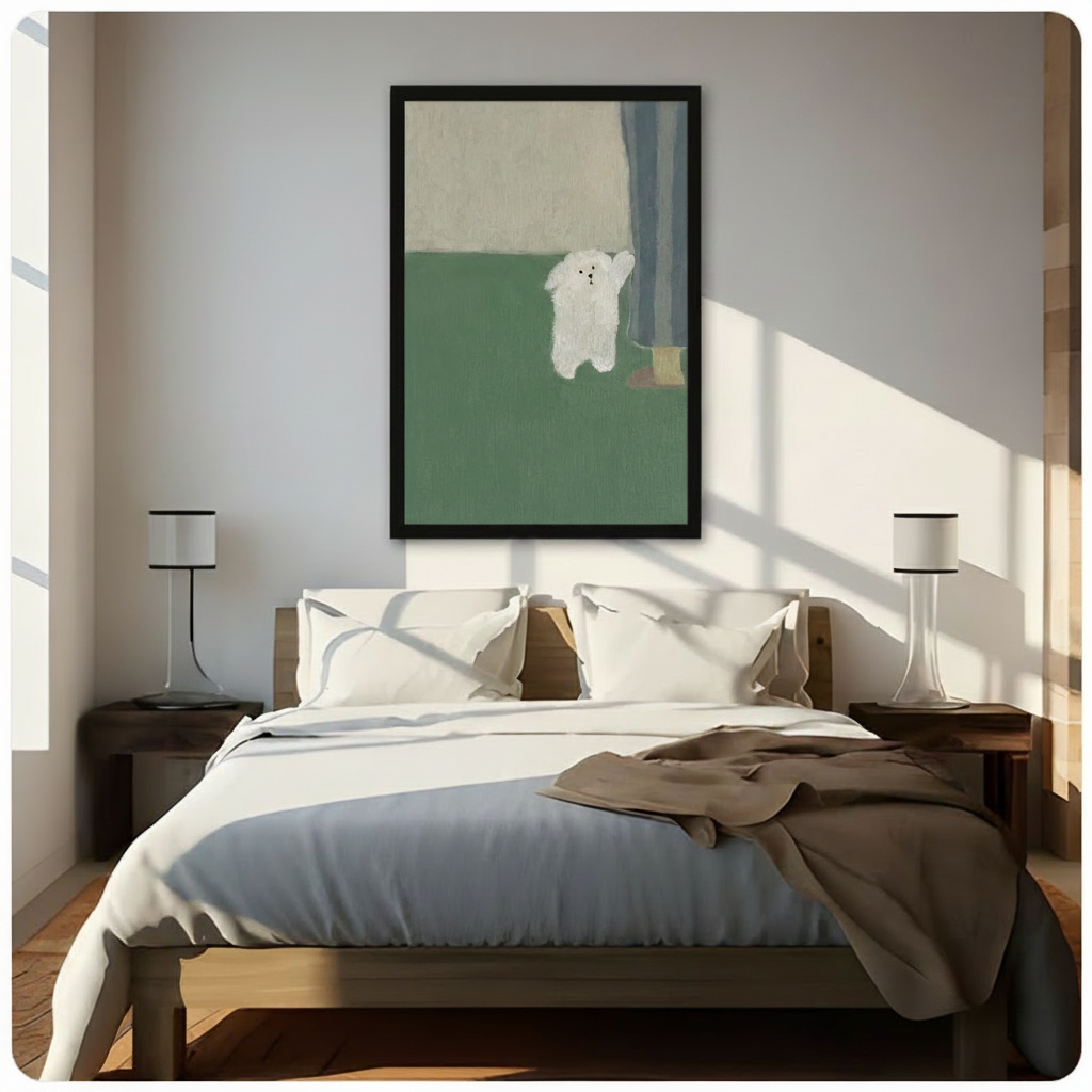 Fluffy White Dog Minimalist Sage Green Canvas Print
