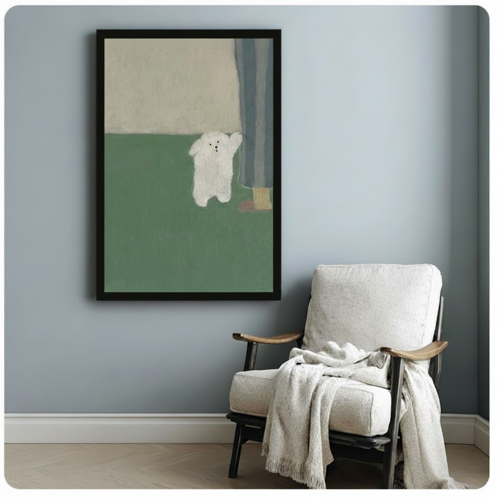Fluffy White Dog Minimalist Sage Green Canvas Print