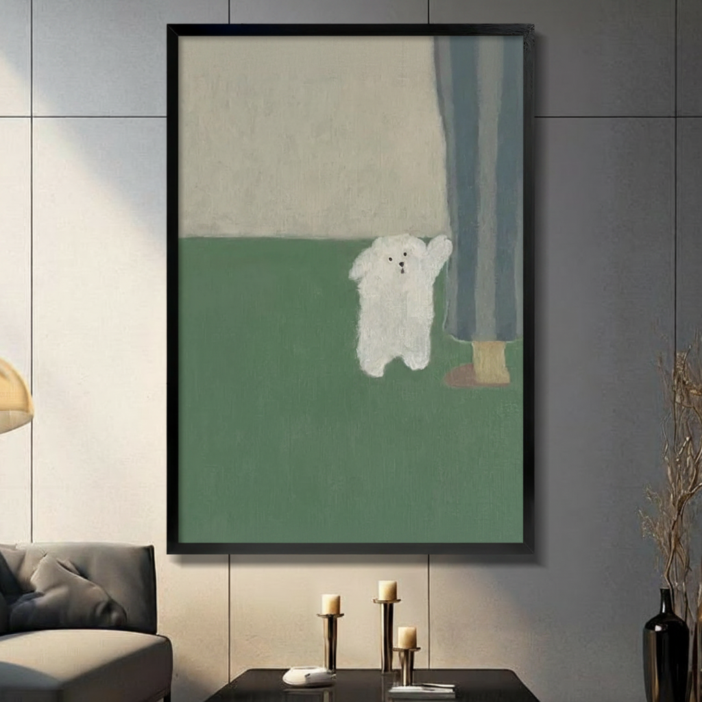 Fluffy White Dog Minimalist Sage Green Canvas Print
