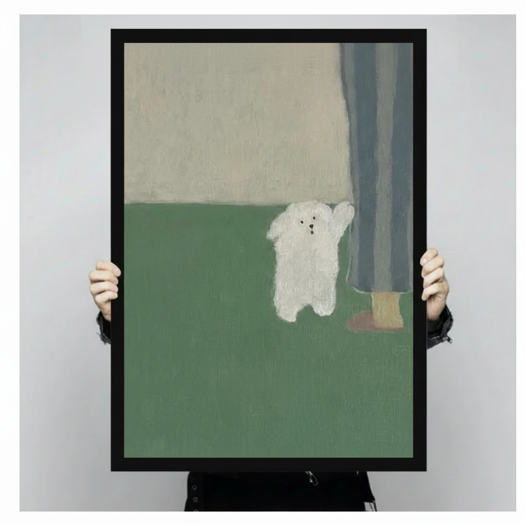 Fluffy White Dog Minimalist Sage Green Canvas Print