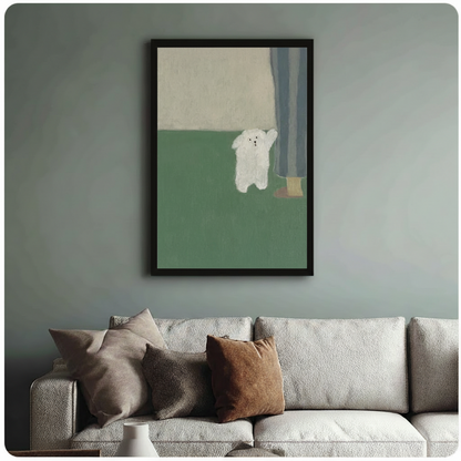 Fluffy White Dog Minimalist Sage Green Canvas Print