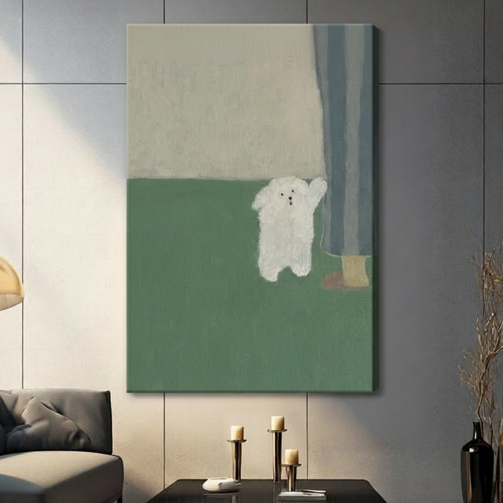 Fluffy White Dog Minimalist Sage Green Canvas Print