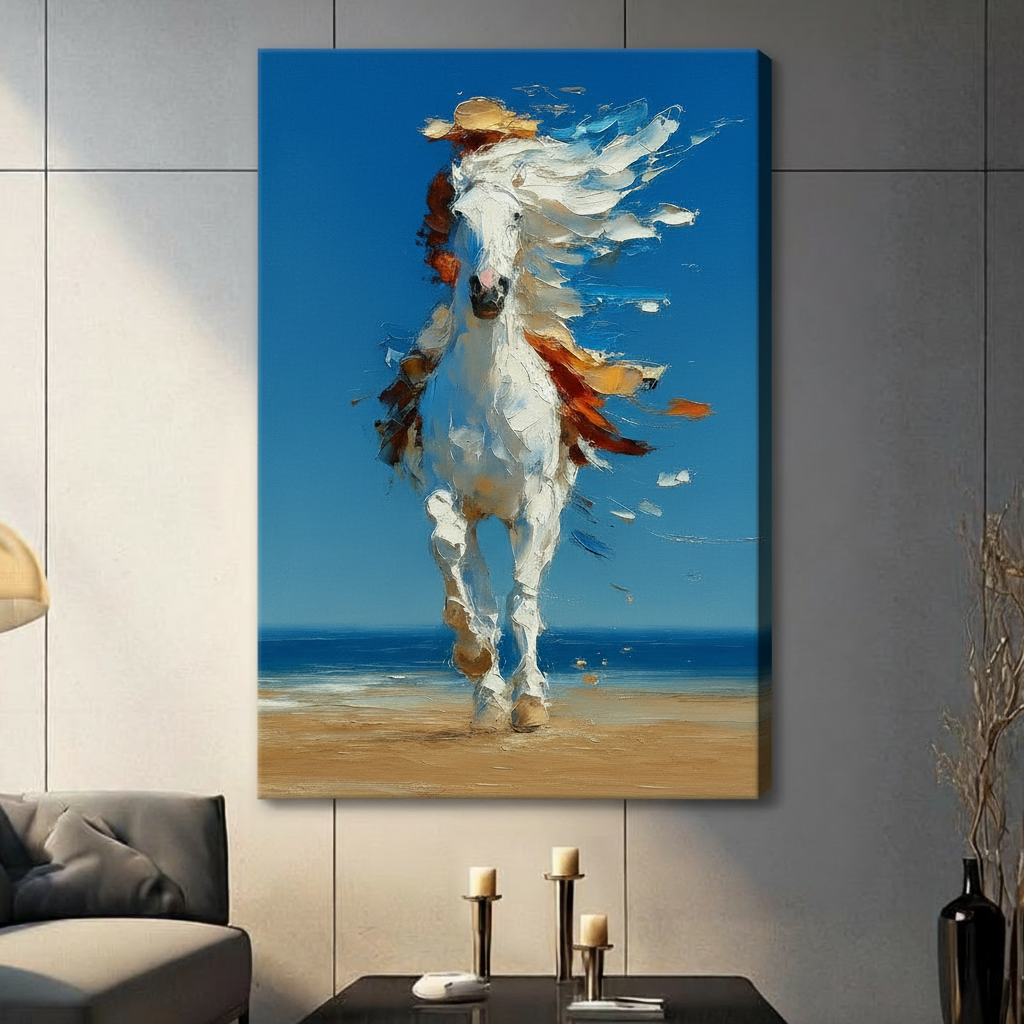 Wild White Horse Beach Ocean Canvas Art Wall Art
