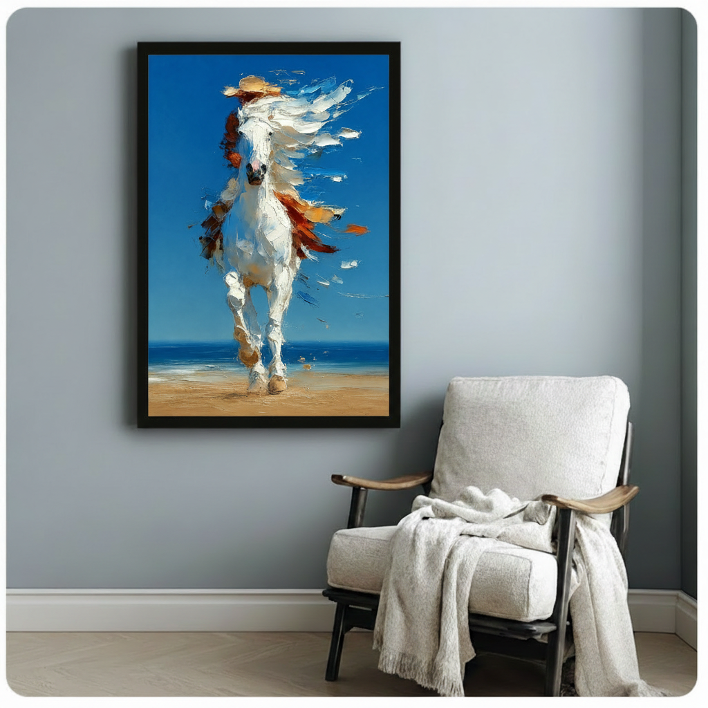 Wild White Horse Beach Ocean Canvas Art Wall Art