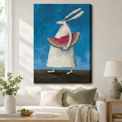 Bunny Watermelon Whimsical Canvas Wall Art
