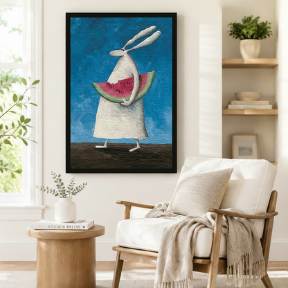 Bunny Watermelon Whimsical Canvas Wall Art