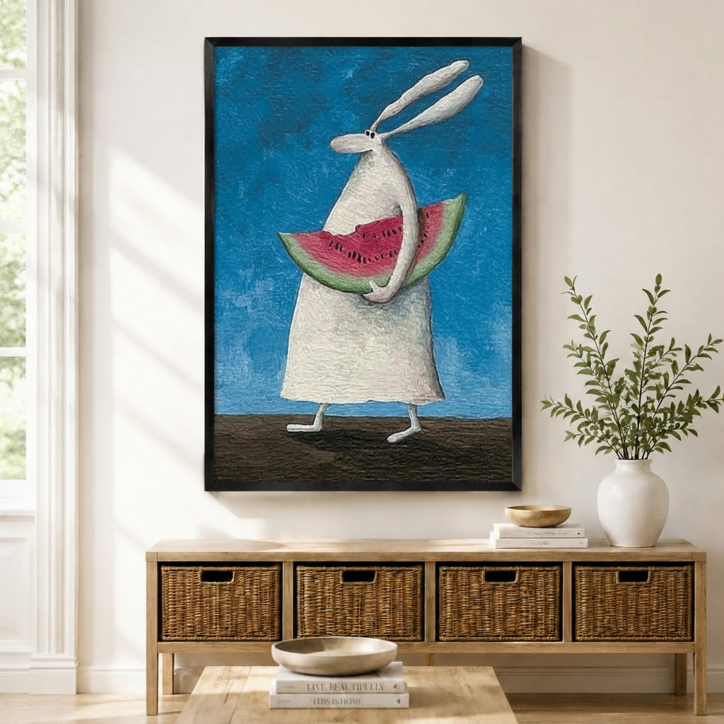 Bunny Watermelon Whimsical Canvas Wall Art