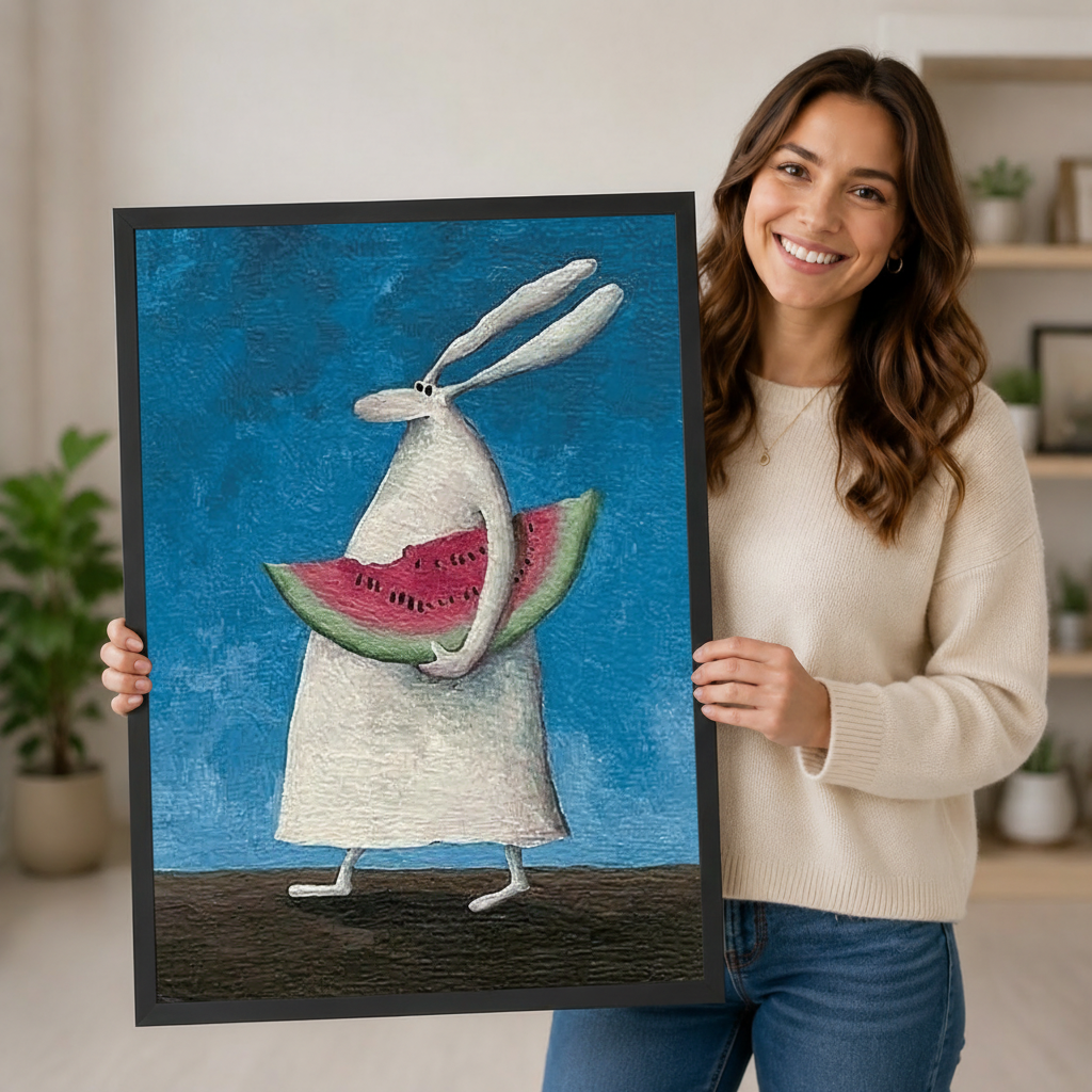 Bunny Watermelon Whimsical Canvas Wall Art