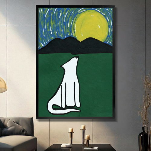 Starry Night Howling Dog Framed Canvas Art Wall Art