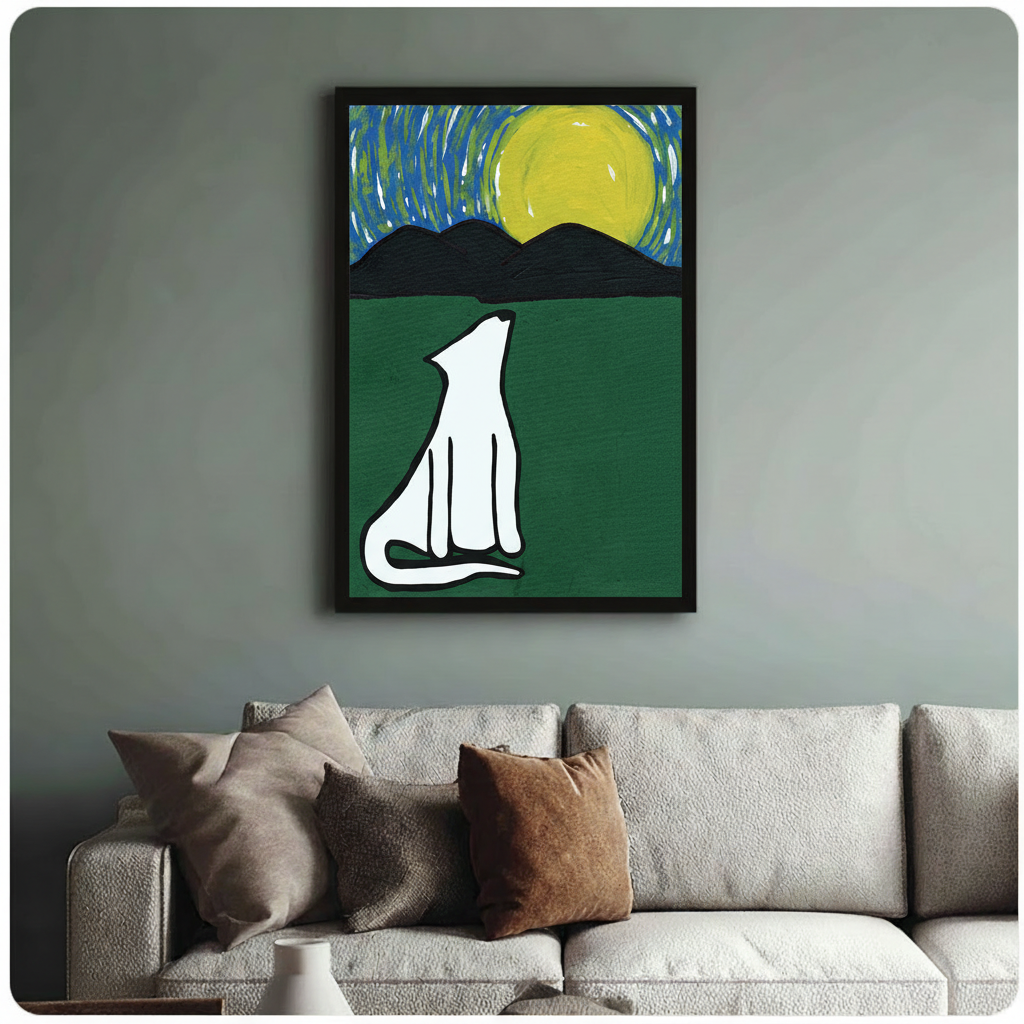 Starry Night Howling Dog Framed Canvas Art Wall Art