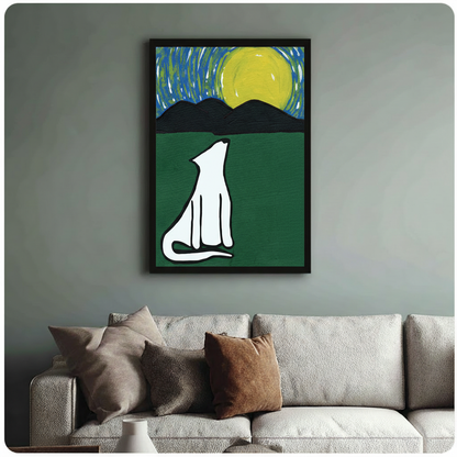 Starry Night Howling Dog Framed Canvas Art Wall Art
