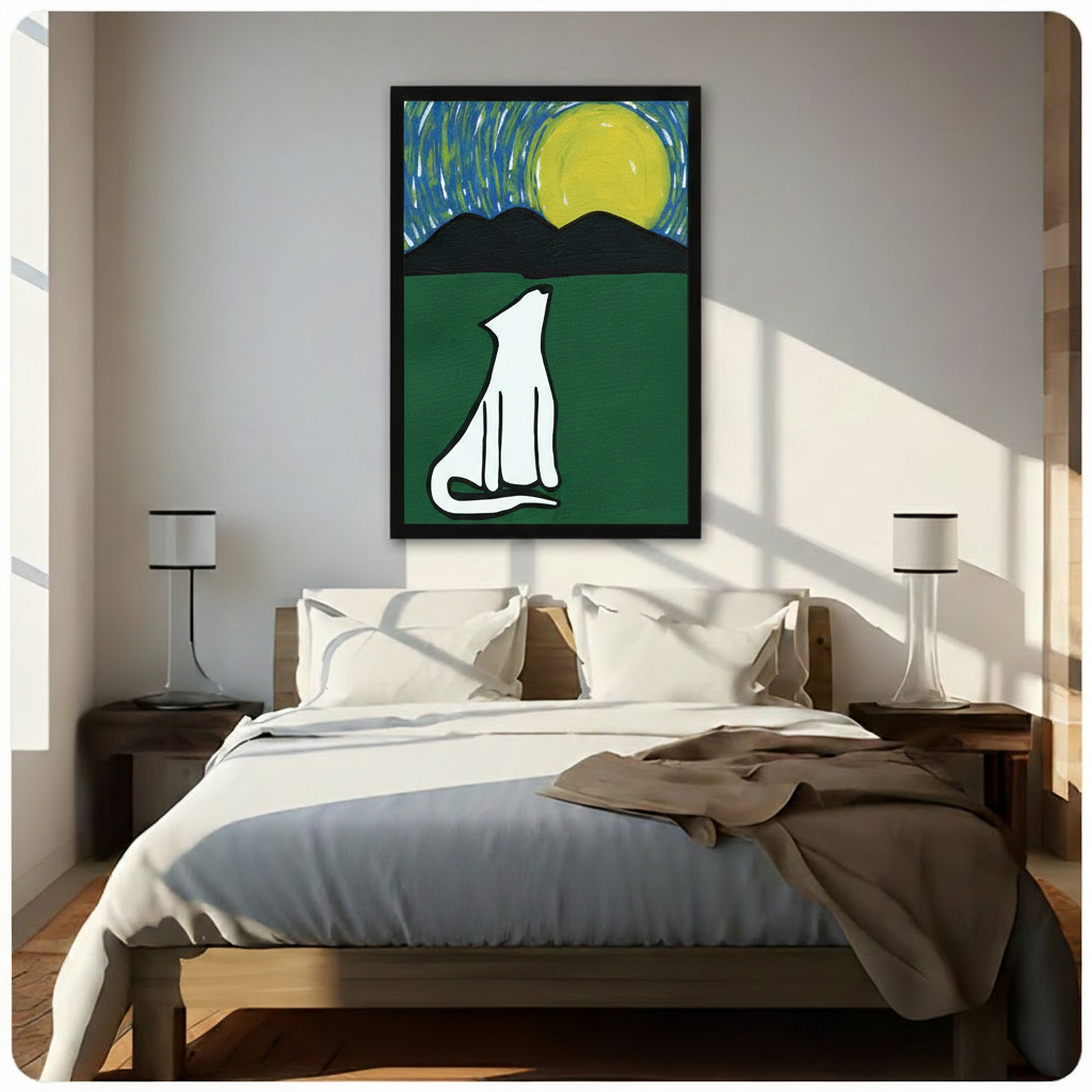 Starry Night Howling Dog Framed Canvas Art Wall Art