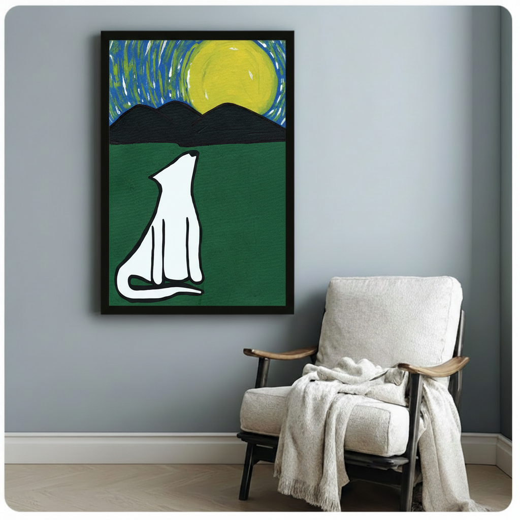Starry Night Howling Dog Framed Canvas Art Wall Art
