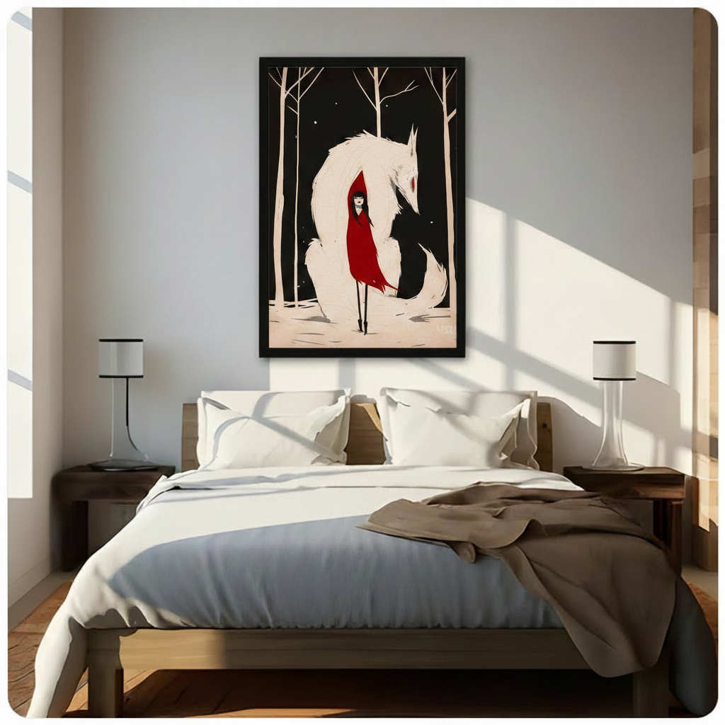Red Cloak Girl White Fox Fantasy Canvas Wall Art
