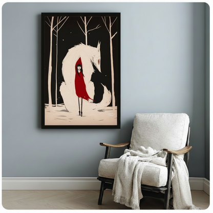 Red Cloak Girl White Fox Fantasy Canvas Wall Art