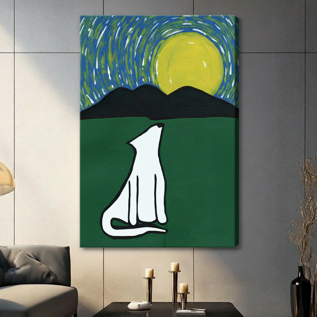 Starry Night Howling Dog Framed Canvas Art Wall Art