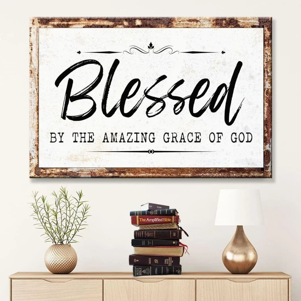 christian wall art rustic blessed by the amazing grace of god canvas print (Landscape) (view 4)