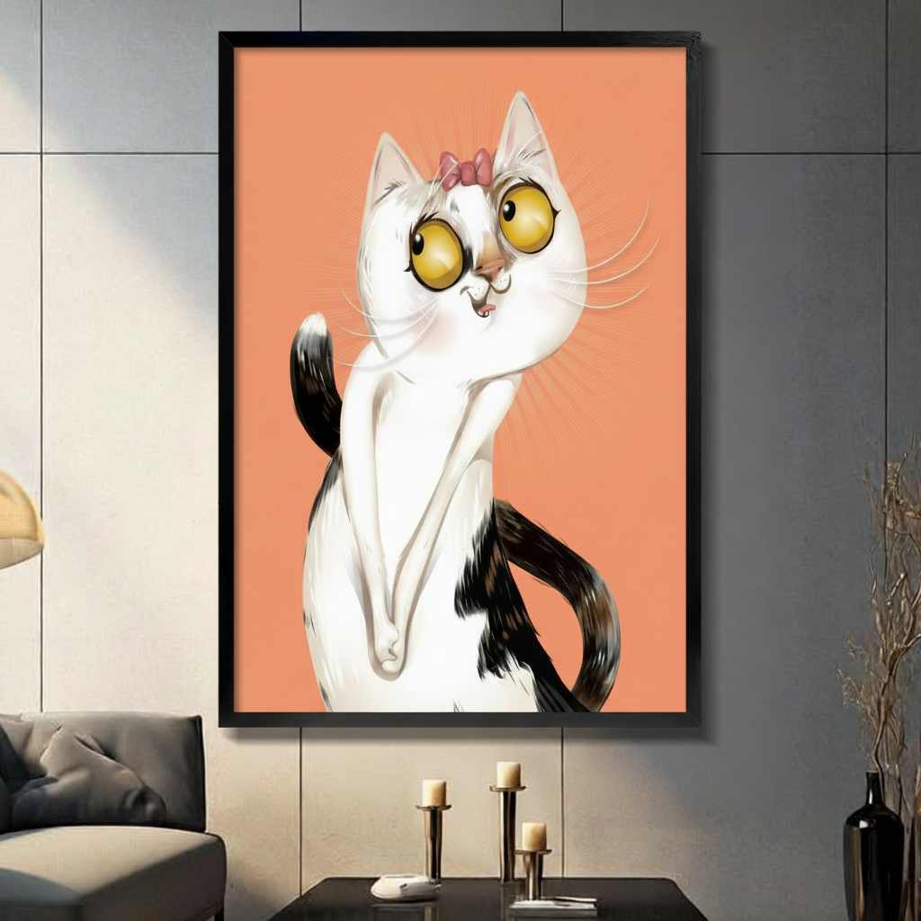 Sassy White Cat Bow Whimsical Canvas Wall Art