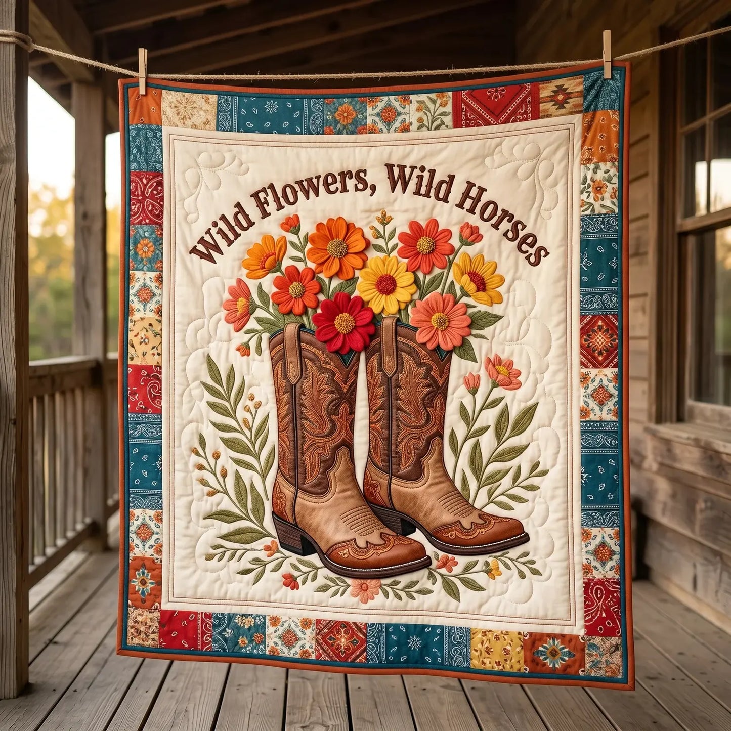 Wild Flowers Wild Horses Quilt Blanket
