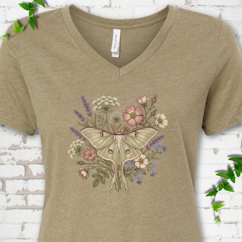 Wildflower Luna Moth V-Neck T-Shirt