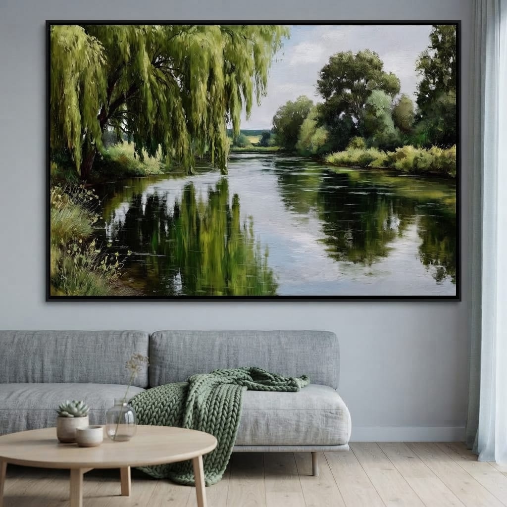 Willow Reflections Along Riverbank Canvas Wall Art