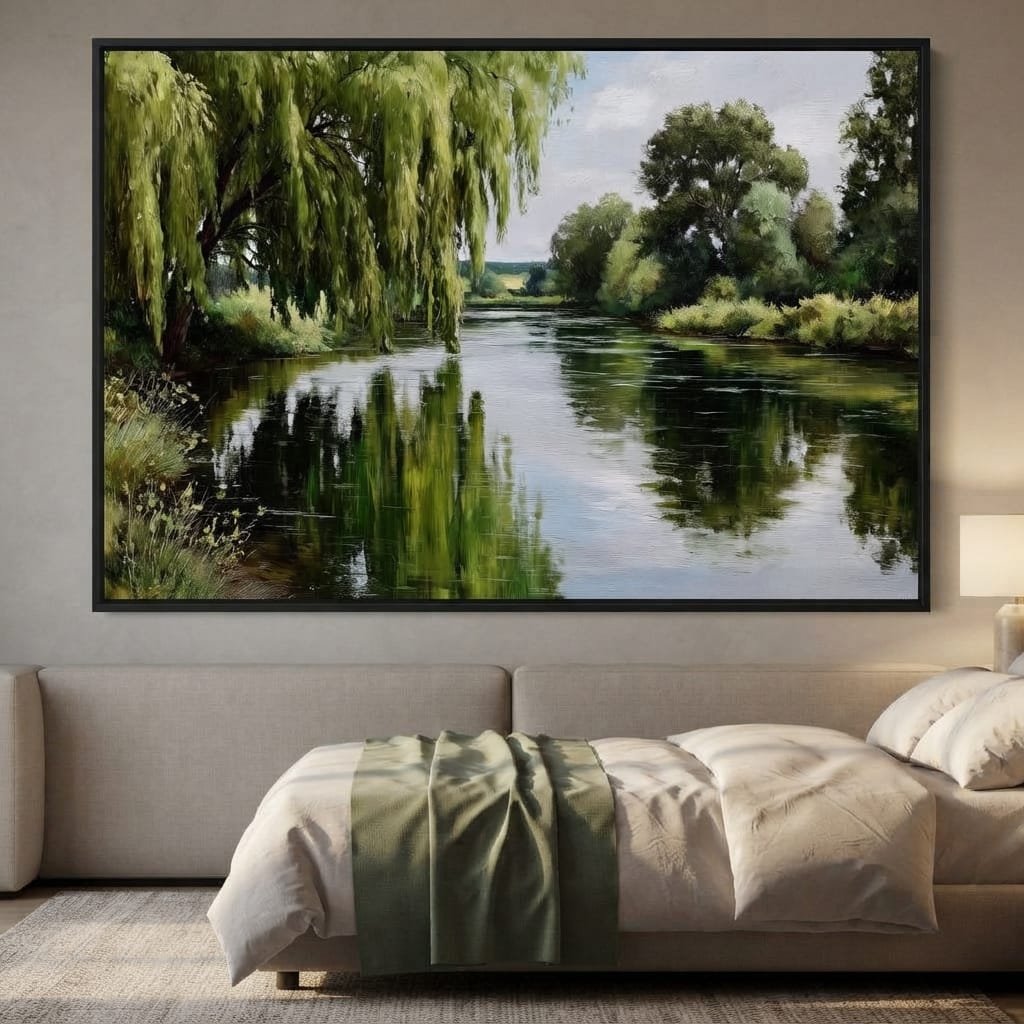 Willow Reflections Along Riverbank Canvas Wall Art