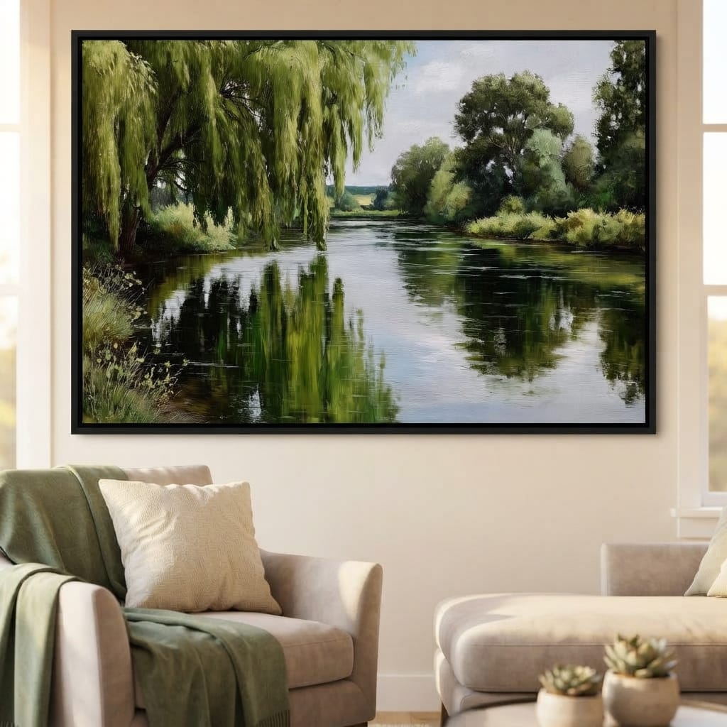 Willow Reflections Along Riverbank Canvas Wall Art