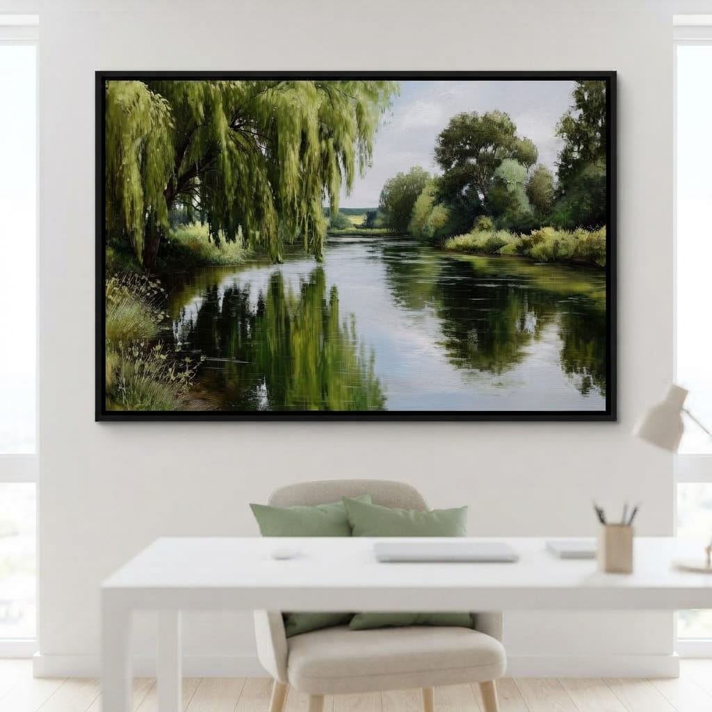 Willow Reflections Along Riverbank Canvas Wall Art