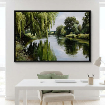 Willow Reflections Along Riverbank Canvas Wall Art