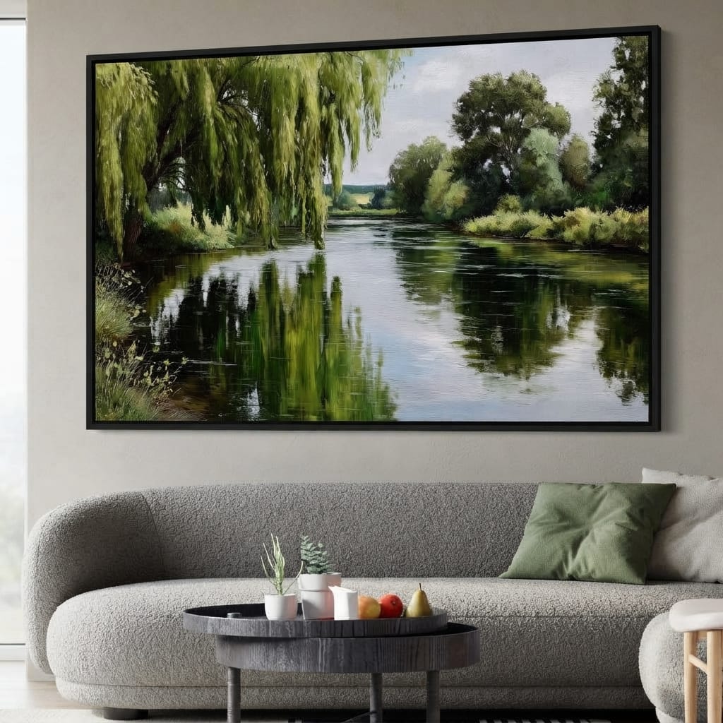 Willow Reflections Along Riverbank Canvas Wall Art