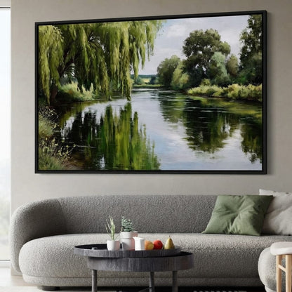 Willow Reflections Along Riverbank Canvas Wall Art