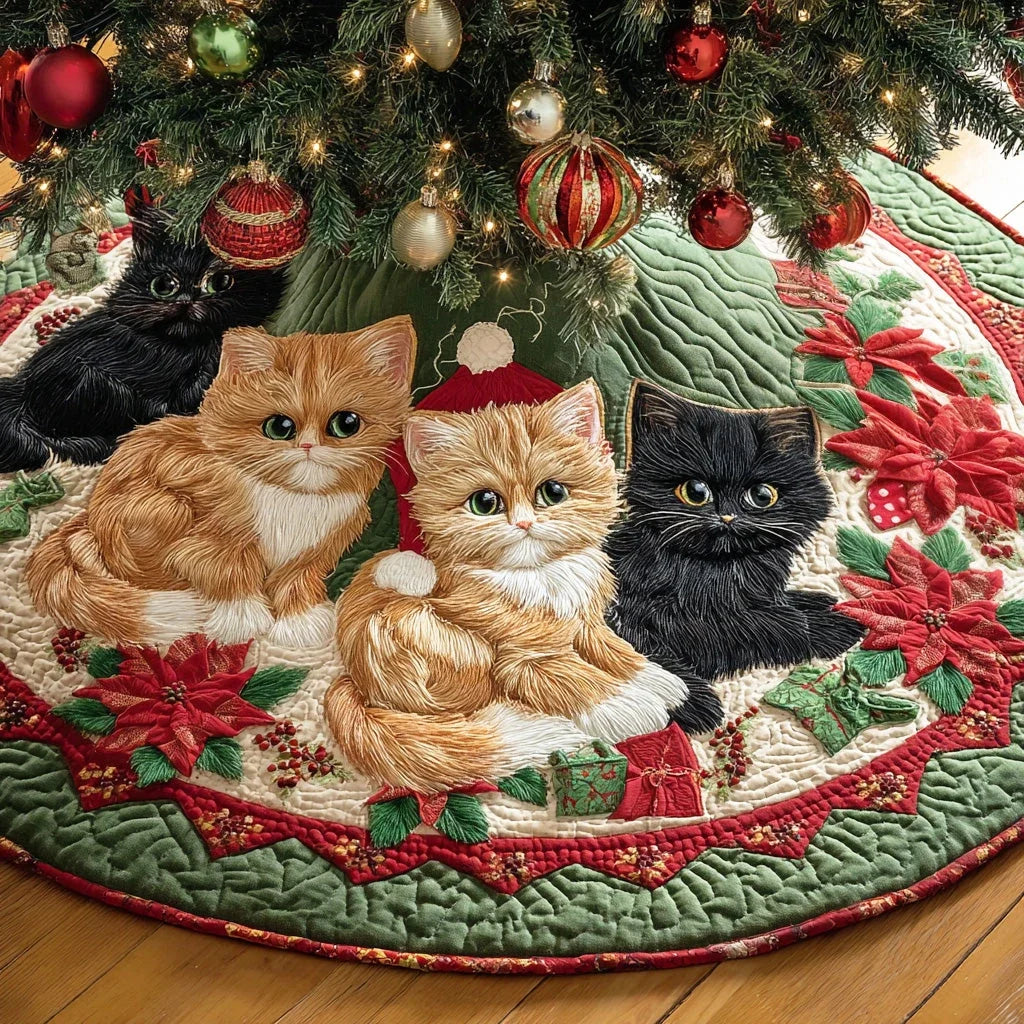 Winter Cat Delight Christmas Quilted Tree Skirt