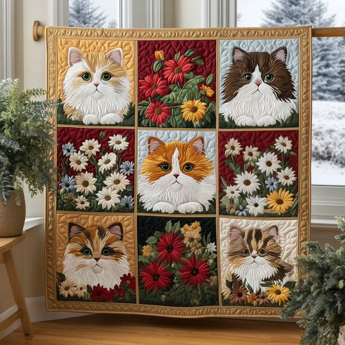 Winter Day Warmth From Floral Cats Quilt Blanket