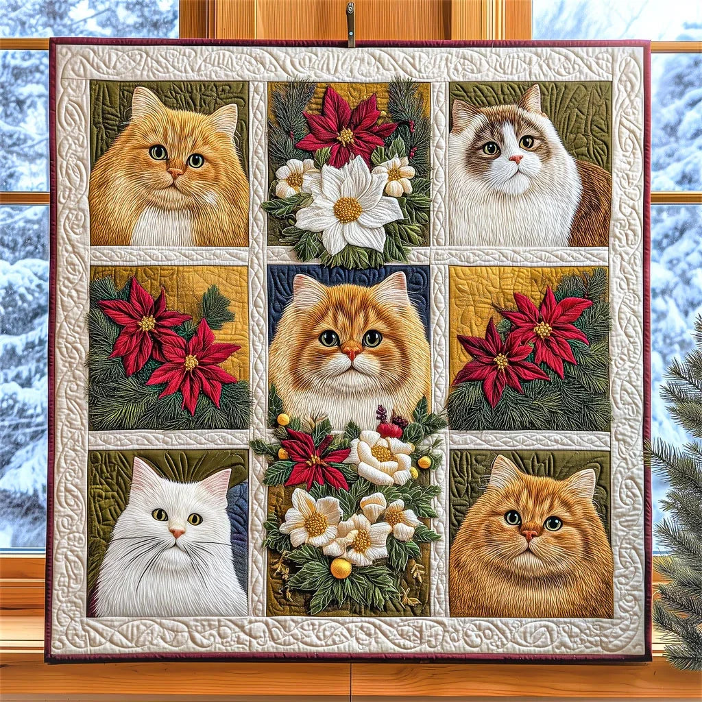 Winter Day Warmth From Floral Cats Quilt Blanket